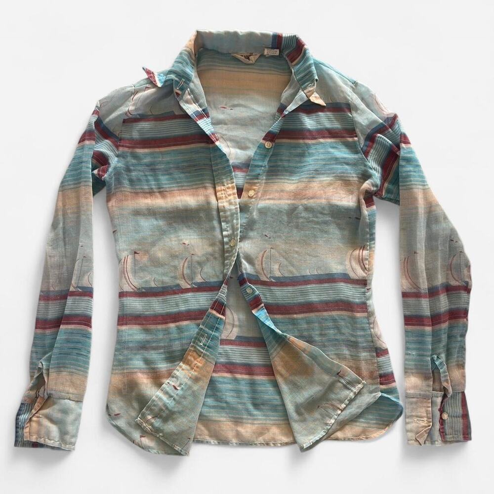 Vintage Sailboat Striped Mesh Blouse | Size XS–S | Beachy Summer Top 🐚⛵️